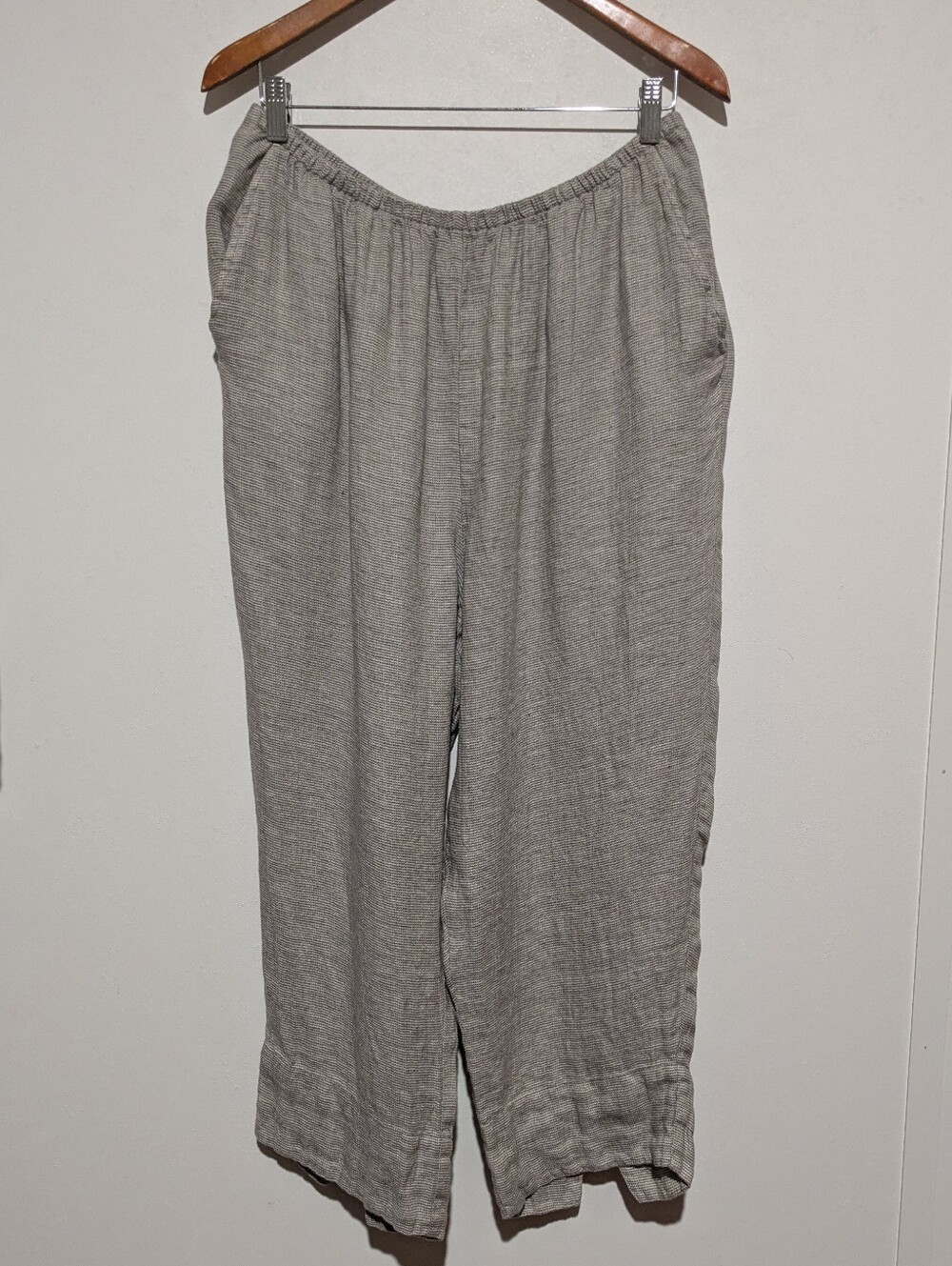 FLAX Taupe Brown Check Linen L Capri Wide Leg Pants Linen Pocket Comfortable